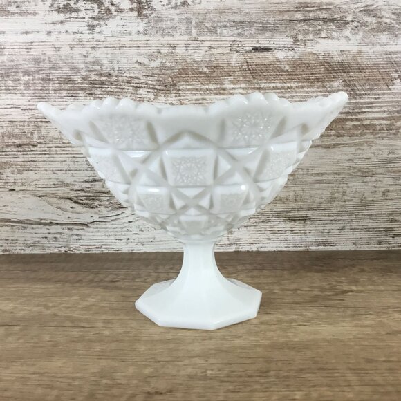 Westmoreland Old Quilt Pattern Milk Glass Pedestal Compote 5.75" Tall X 8" Top D - Picture 1 of 10